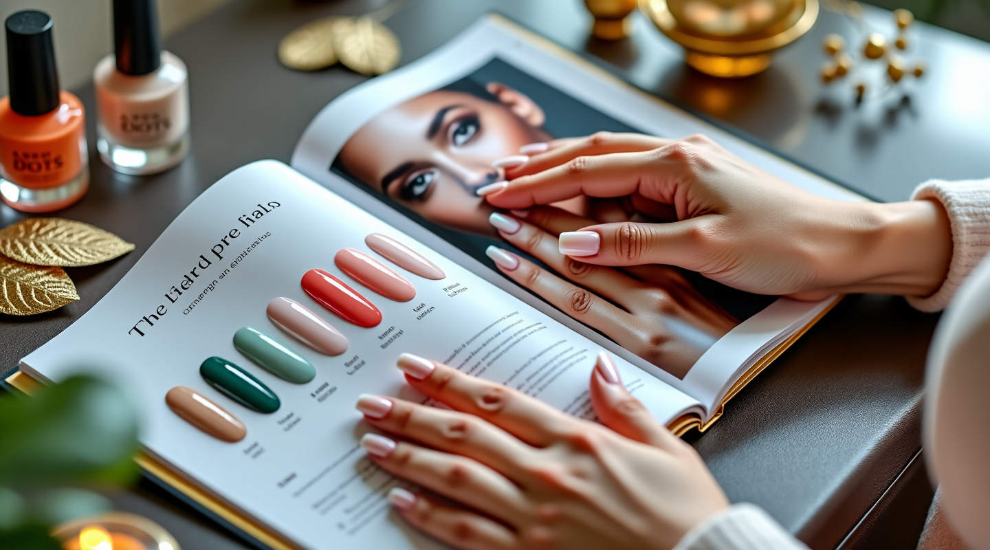 Woman browsing luxury nail design catalog with color samples