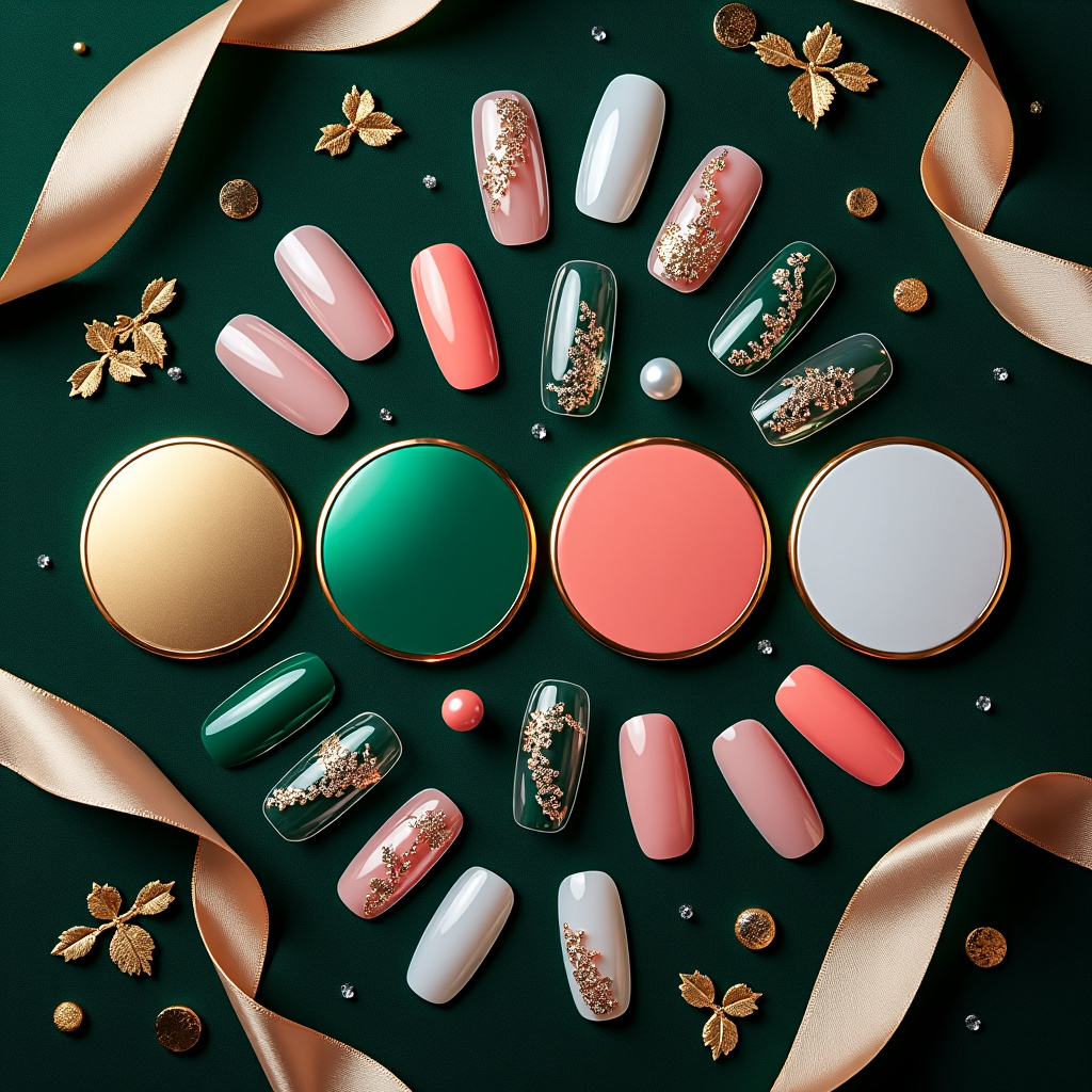 Luxury nail badges in gold, emerald, coral, and pearl colors with matching nail designs