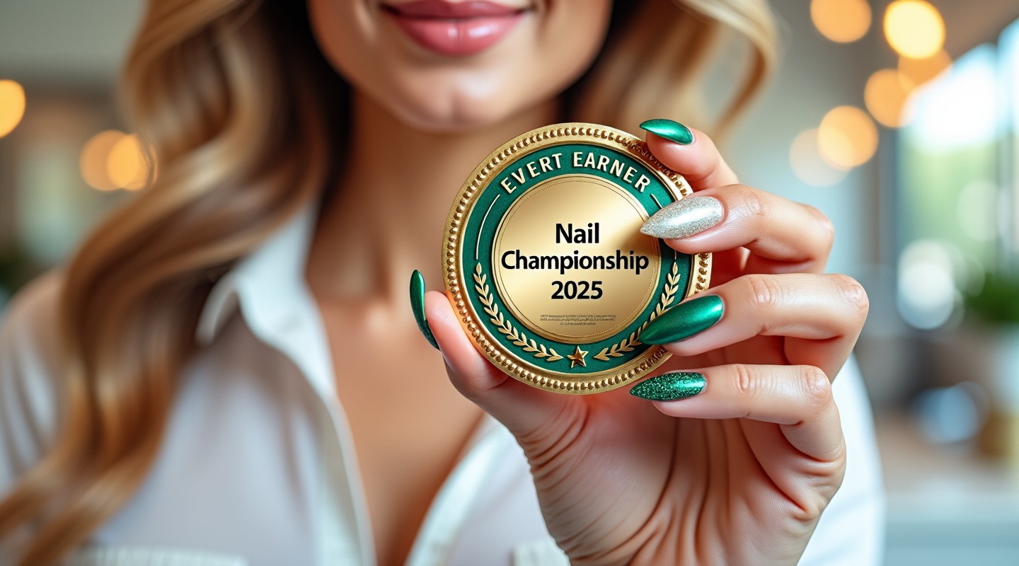 Woman holding gold and emerald Nail Championship badge