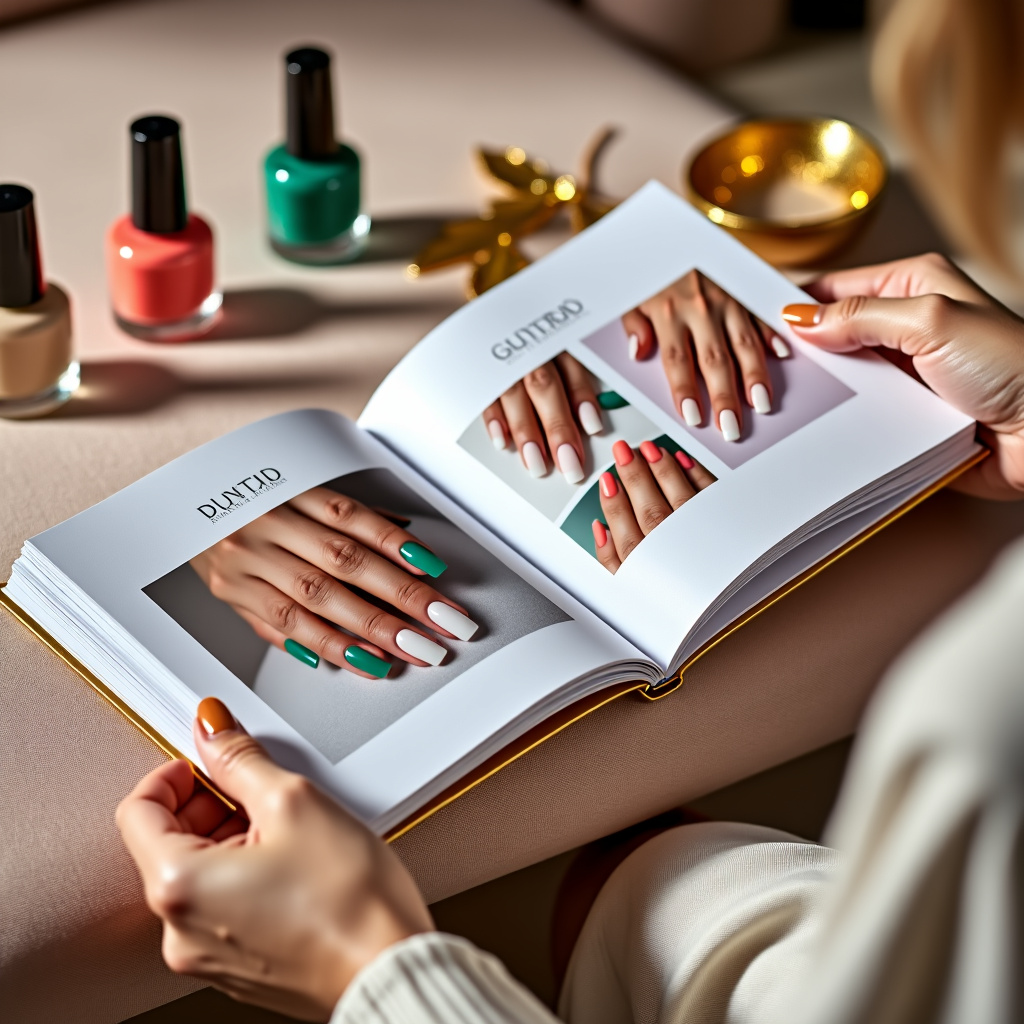 Personalized nail style journey book with emerald and coral designs